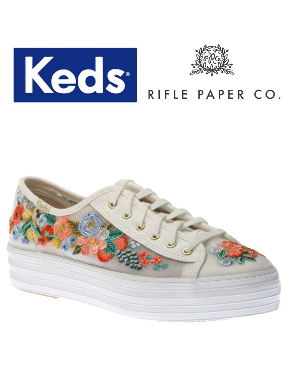 NWOT Keds x Rifle Paper Co. Floral Embroidered White Mesh Platform Sneakers